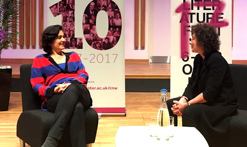 Kamila Shamsie and Jeanette Winterson at Manchester Literature Festival event.
