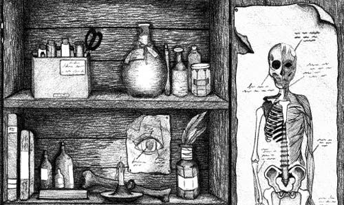 Black and white line drawing illustration of a medicine cabinet