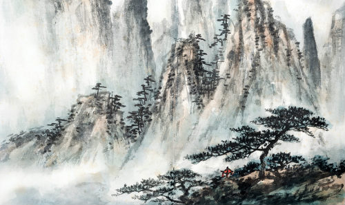 Traditional Chinese art in black and white of a mountain side