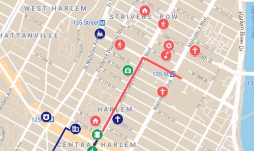 A screenshot of a Google map of Harlem