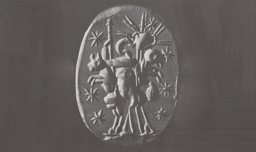 Image of an ancient pendant depicting knowledge and surrealism

