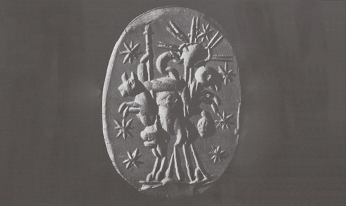 Image of an ancient pendant depicting knowledge and surrealism
