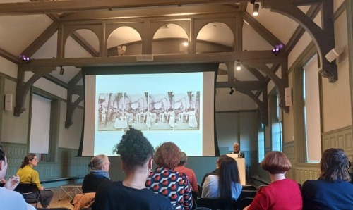 Artist Ingrid Pollard giving a lecture in the Whitworth Gallery's Grand Hall