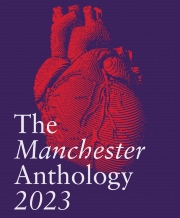 Front cover of Manchester Anthology 2023 featuring purple background with an illustrated red heart.
