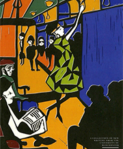 Colourful linocut illustration of passengers on a tram by Summer du Plessis