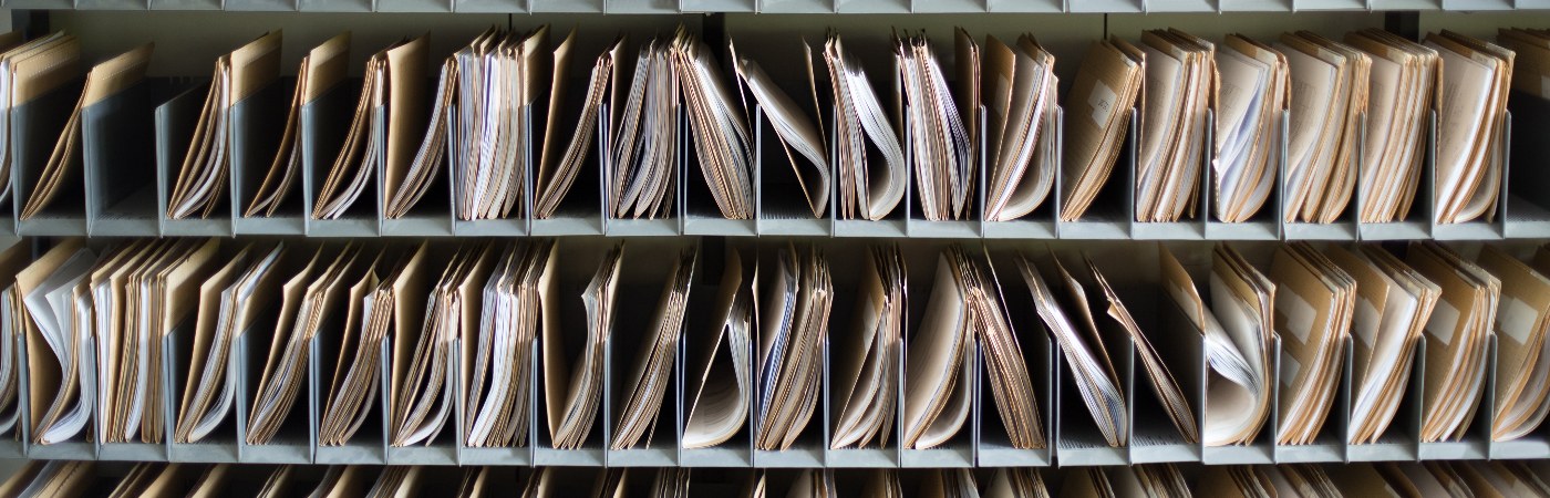 Metal shelf with small partitions storing various documents