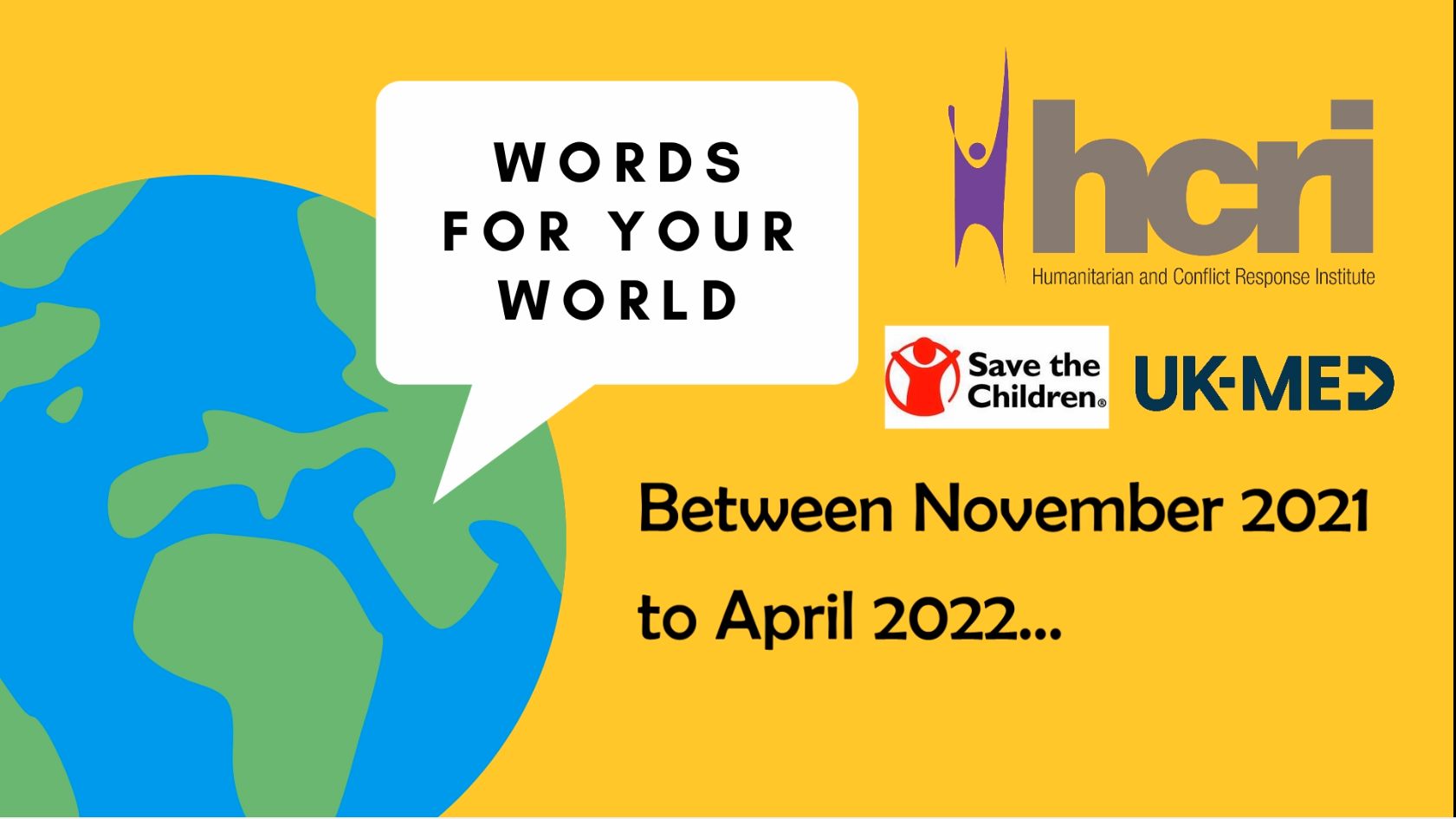 Yellow background with a globe and speech bubble that says Words for your world.