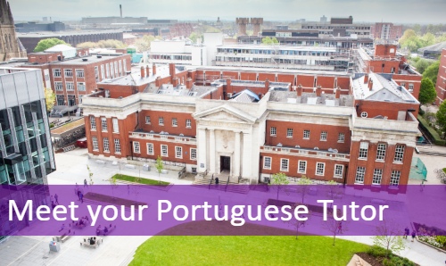 Samuel Alexander Building on the University campus - a grand red brick building with neoclassical white pillars at the entrance. Overlaid caption reads ”Meet your Portuguese Tutors“