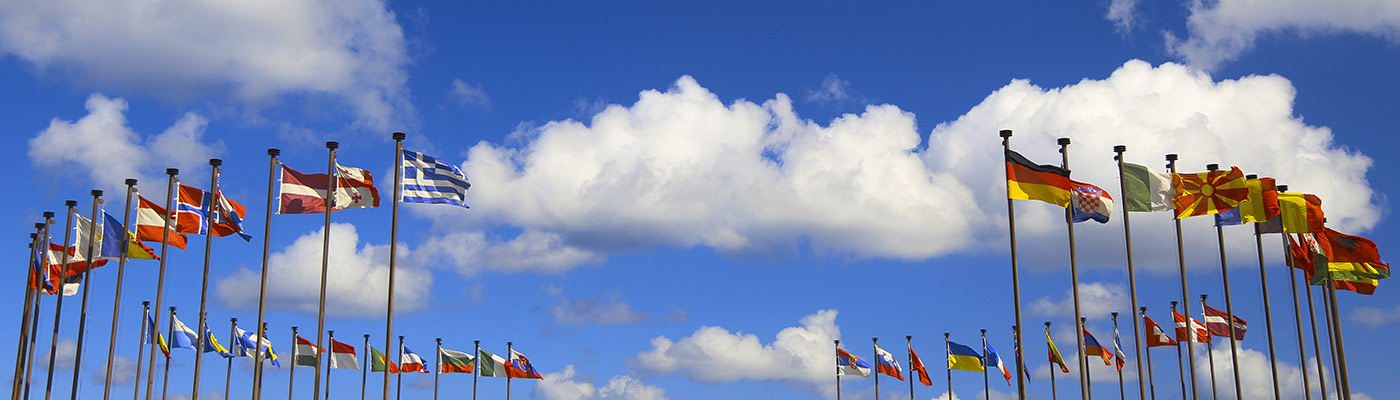 Flags from all different countries blowing in the wind