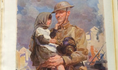 Painting of a soldier holding his child.