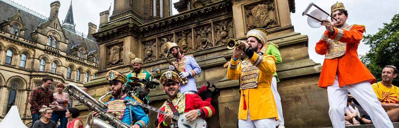 Manchester Jazz festival musicians and revellers