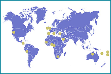 World map displaying fieldwork locations