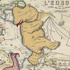 Old Russian map that includes an illustration of a bear.