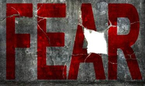 The word 'fear' written in red on a grey and white background