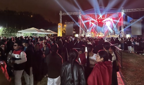 A group of people at an open-air concert.