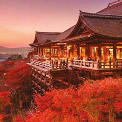 Traditional Japanese building with modern city in the background